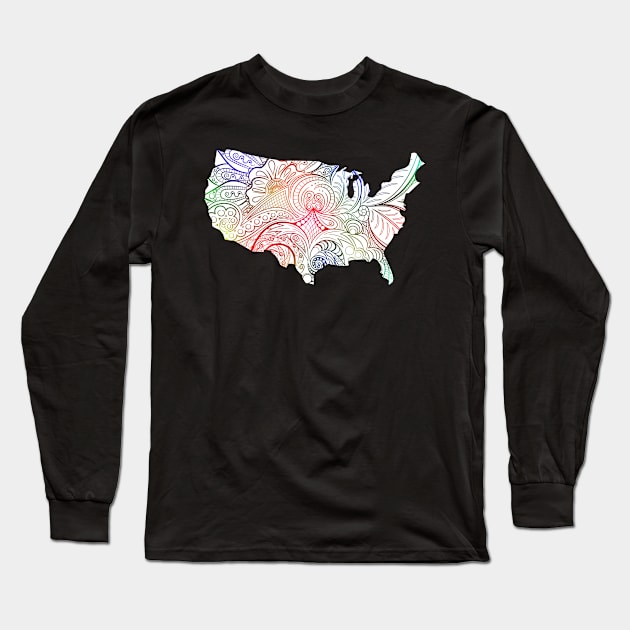Colorful mandala art map of the United States of America on white background Long Sleeve T-Shirt by Happy Citizen